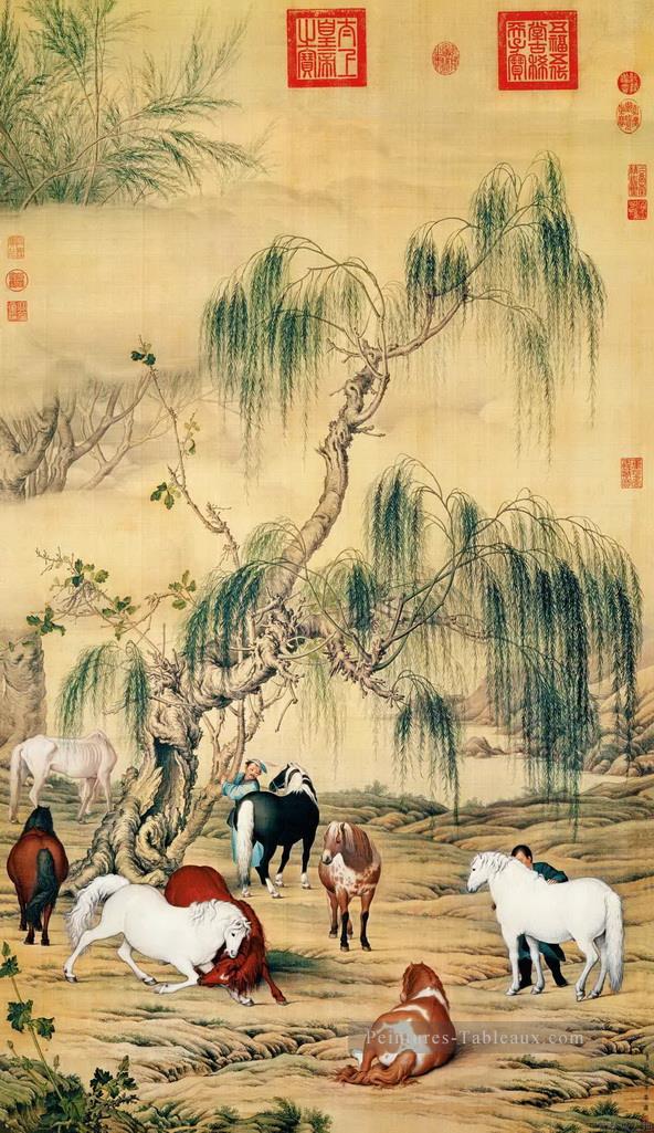 Lang brille huit grands Chevals Art chinois traditionnel Peintures à l'huile